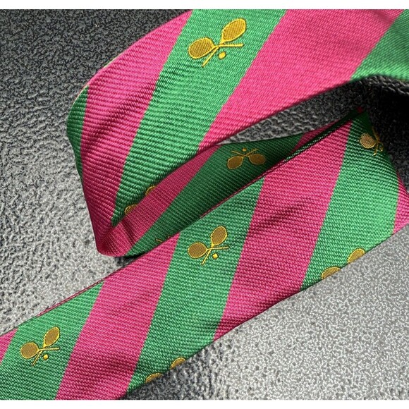 J.Crew Belt Womens S/M Pink Green Striped Silk D Ring Tennis Racket Preppy - Picture 4 of 7